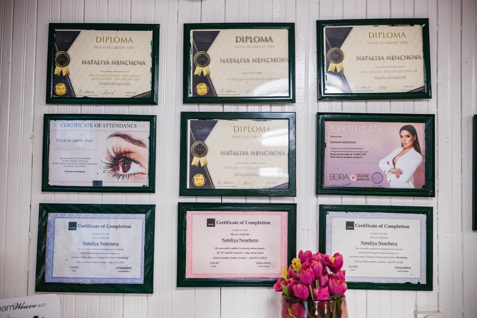 Wall of earned certificates and diplomas